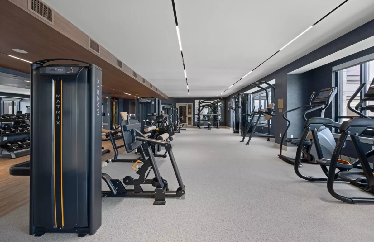Spacious gym with leg press, cardio machines, and strength training equipment under modern lighting.