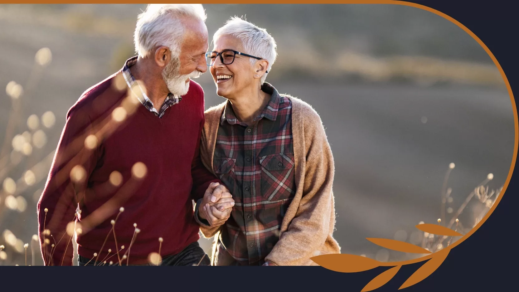 Smiling elderly couple holding hands outdoors, surrounded by soft-focus plants and warm sunlight, with decorative orange leaf graphics.